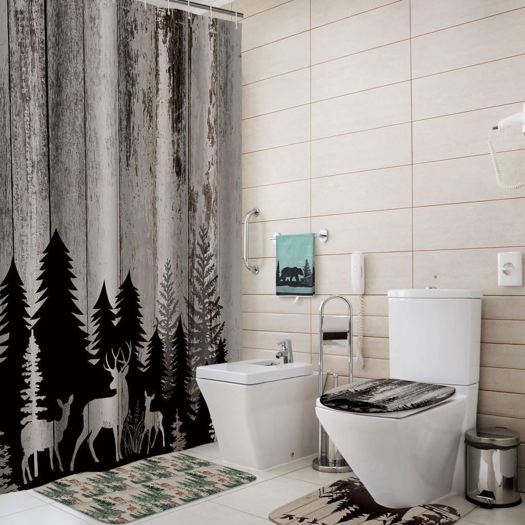 Honoson 8 Pcs Christmas Black Santa Claus Shower Curtain Set with Rugs and Kitchen Towels African American Retro Christmas Bathroom Decor Black Santa Curtain Decorations Xmas Farmhouse Gifts