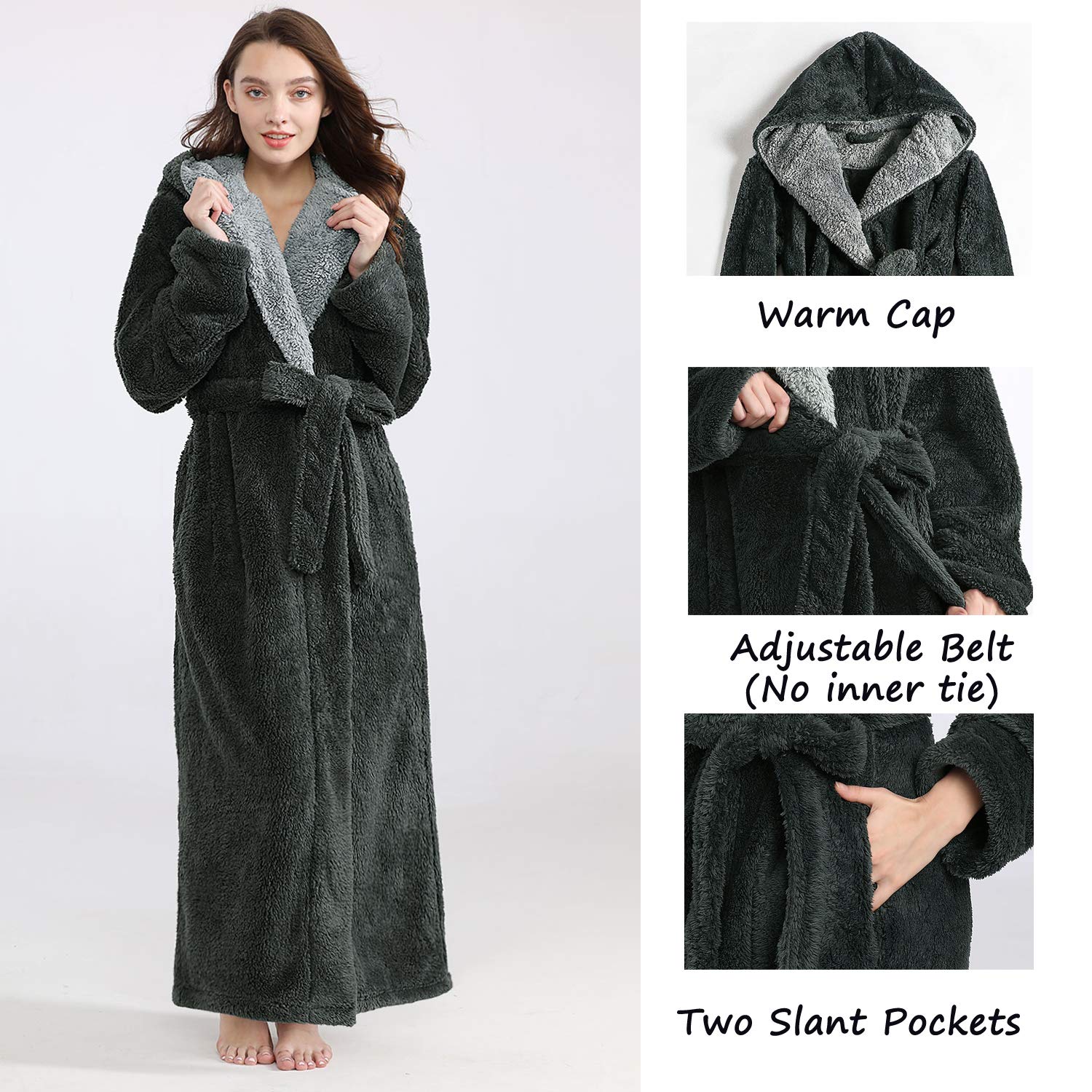 Hellomamma Long Hooded Robe for Women Luxurious Flannel Fleece Full Length Bathrobe Winter Warm Pajamas Shower Nightgown