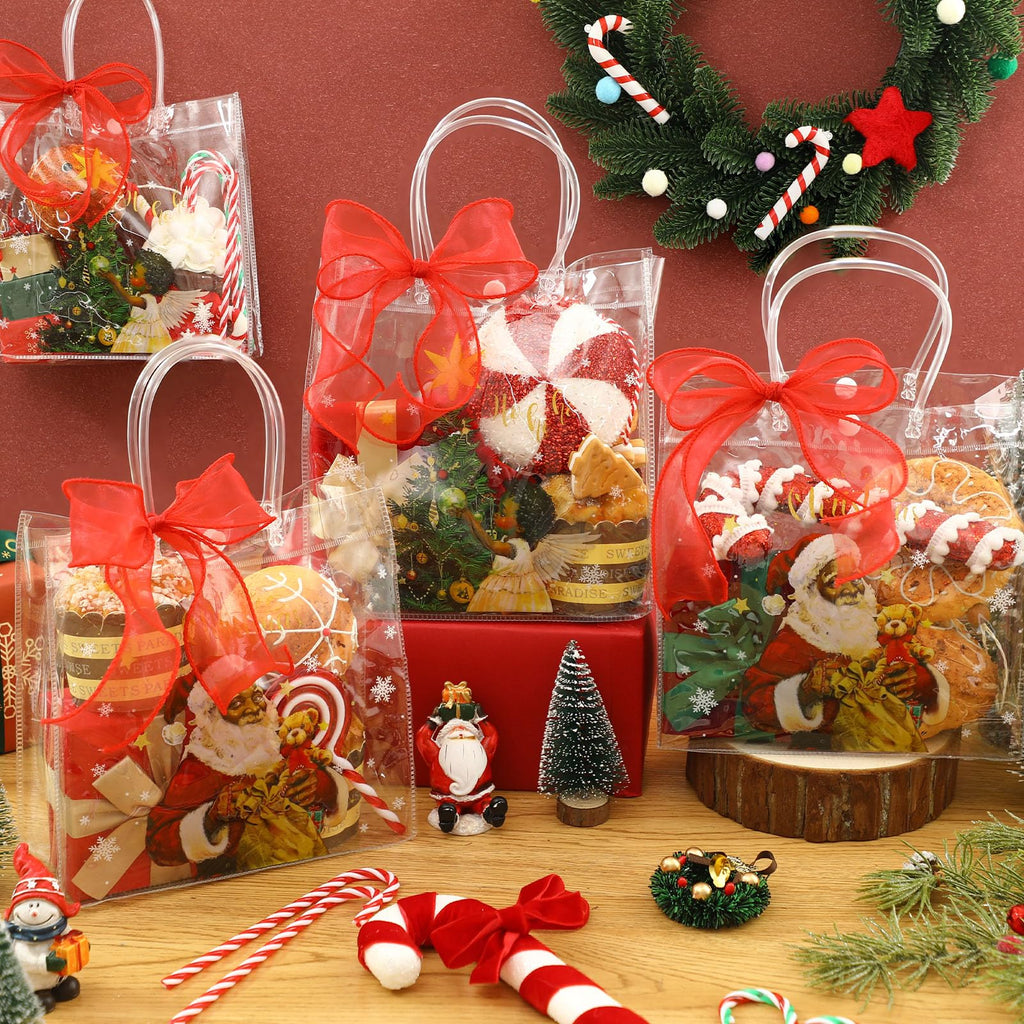 Motipuns 24 Pcs Christmas Clear PVC Gift Bags with Handles and Ribbon African American Black Santa Claus Party Favor Reusable Plastic Candy Treat Tote Bags for Merry New year Xmas Birthday Supplies