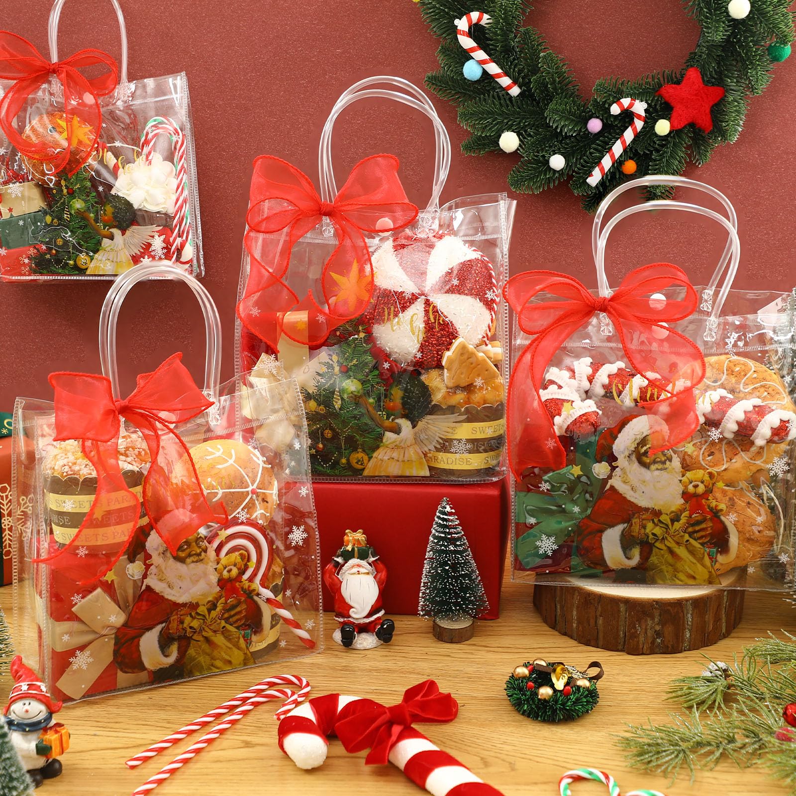 Motipuns 24 Pcs Christmas Clear PVC Gift Bags with Handles and Ribbon African American Black Santa Claus Party Favor Reusable Plastic Candy Treat Tote Bags for Merry New year Xmas Birthday Supplies