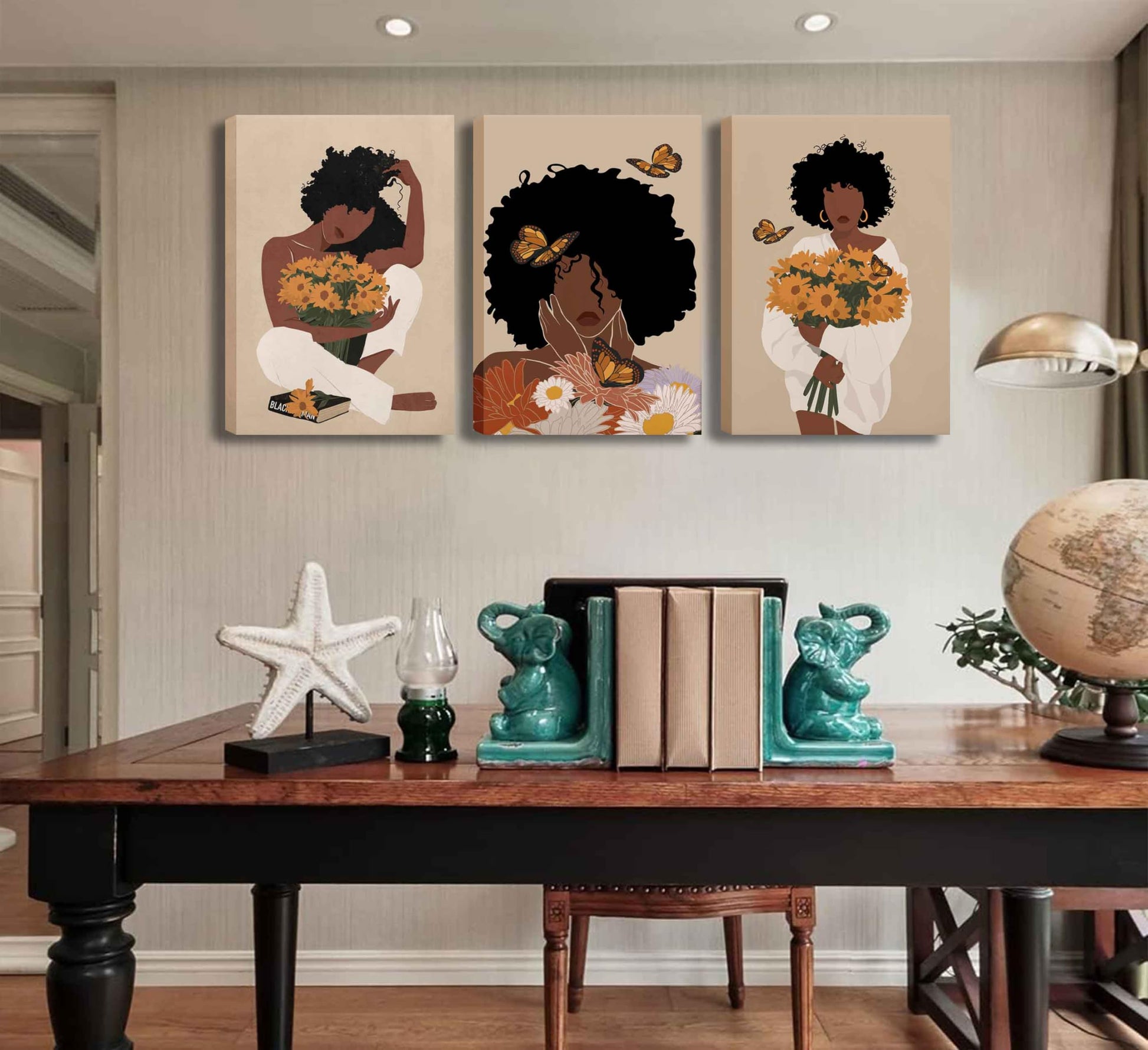 WSTUKVV 3Pcs Black Girl Bathroom Wall Art Boho Black Woman Posters Pictures African American Canvas Prints Fashion Abstract Paintings For Bathroom Home Bedroom Living Room Wall Decor Frame