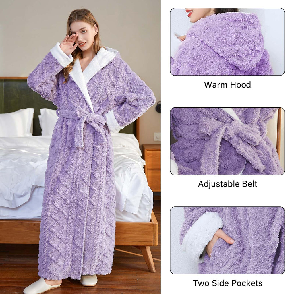 Hellomamma Long Hooded Robe for Women Luxurious Flannel Fleece Full Length Bathrobe Winter Warm Pajamas Shower Nightgown