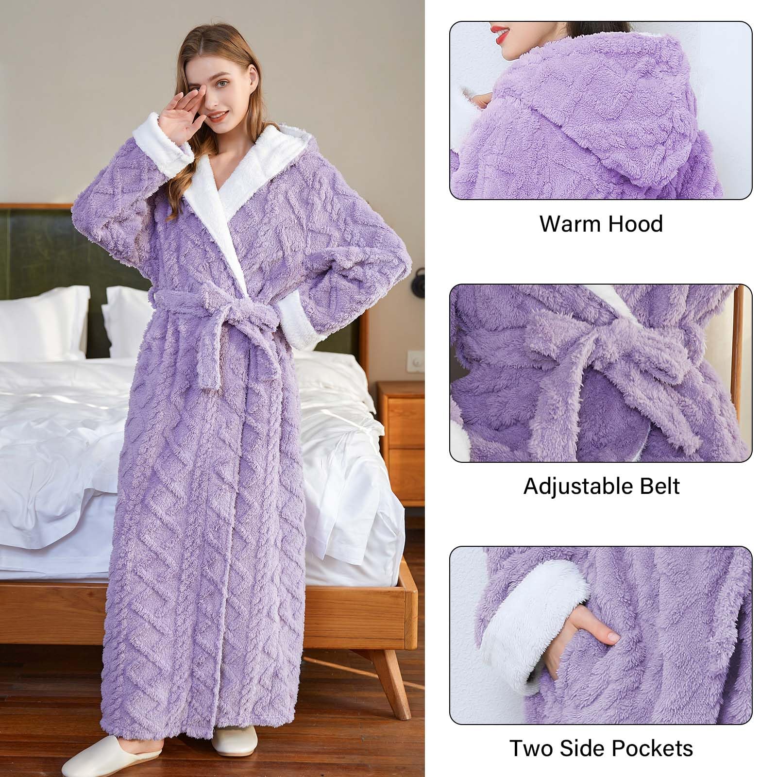 Hellomamma Long Hooded Robe for Women Luxurious Flannel Fleece Full Length Bathrobe Winter Warm Pajamas Shower Nightgown
