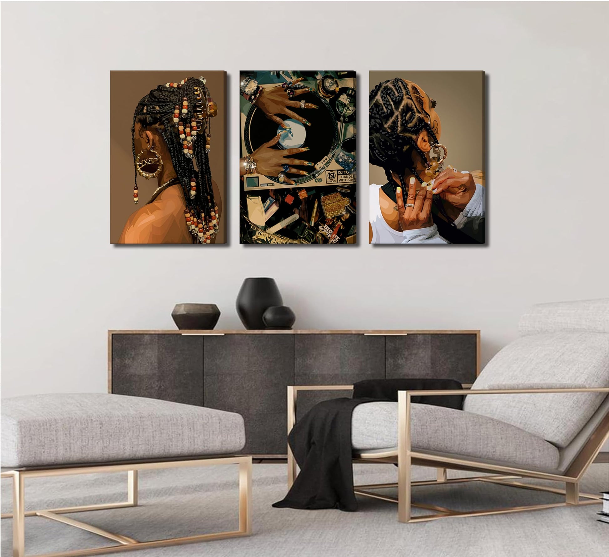 3Pcs Black Woman Canvas Wall art Boho Fashion Black Girl Painting Picture Wall Decor Abstract African American Poster Print Artwork for Living Room Bedroom Office Home Decoration,16x24in Canvas