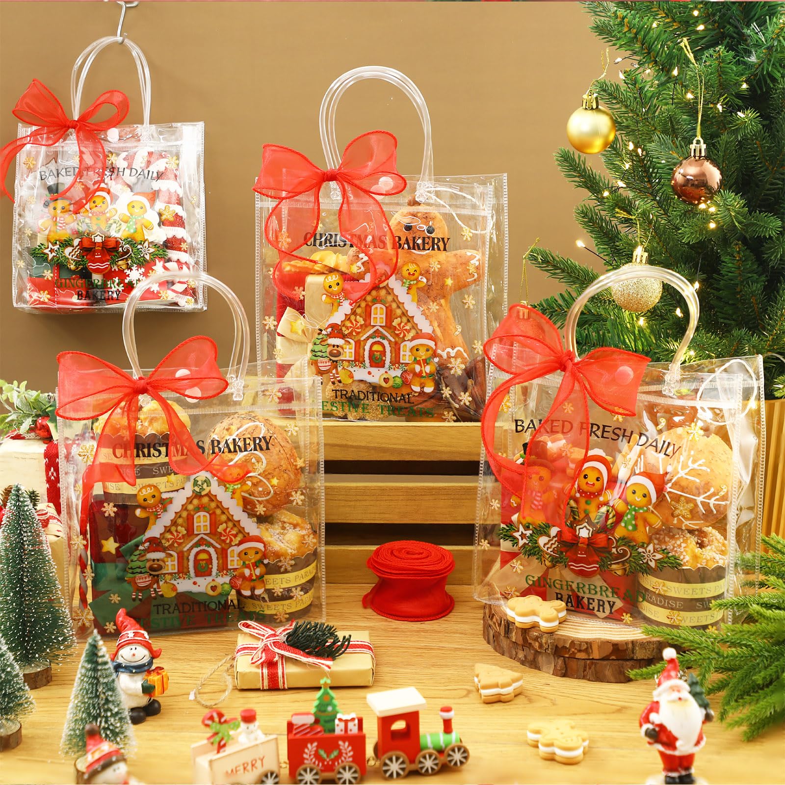 Motipuns 24 Pcs Christmas Clear PVC Gift Bags with Handles and Ribbon African American Black Santa Claus Party Favor Reusable Plastic Candy Treat Tote Bags for Merry New year Xmas Birthday Supplies