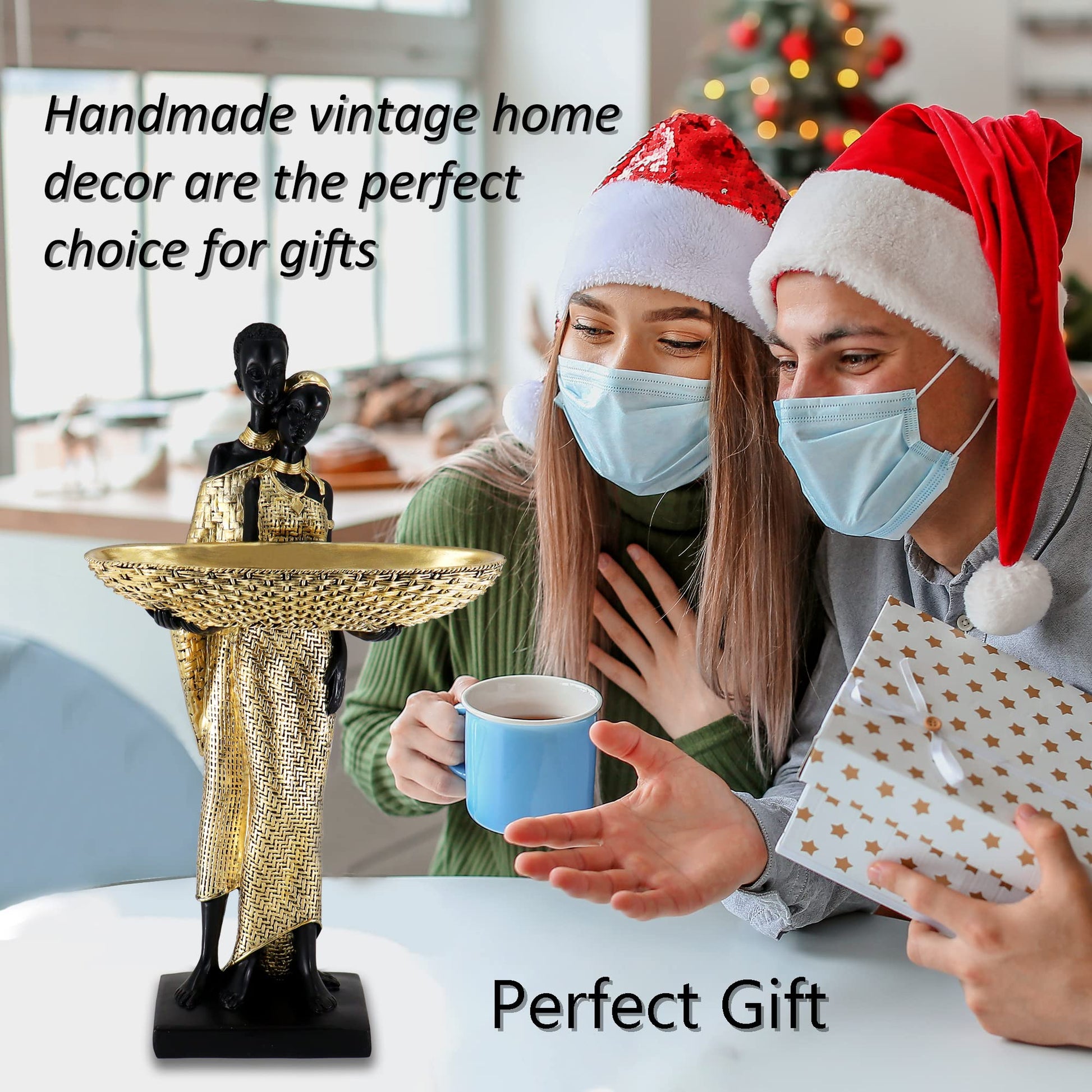 Handmade African Tribal Woman Sculpture - Gold Adorned Seated Figure with Basket, Vintage Resin Statue for Home Decor, Unique Housewarming Gift for Shelf/Table (9.65" H)