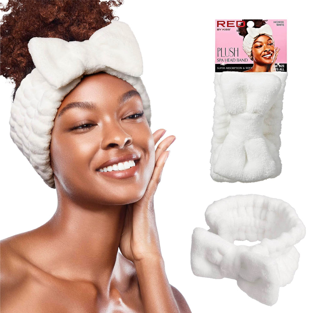 Red by Kiss Spa Headband for Washing Face Facial Makeup Bow Head Band Soft Plush Fleece Stretchy Head Wraps for Women Shower Bath Washing Face Mask (WHITE)