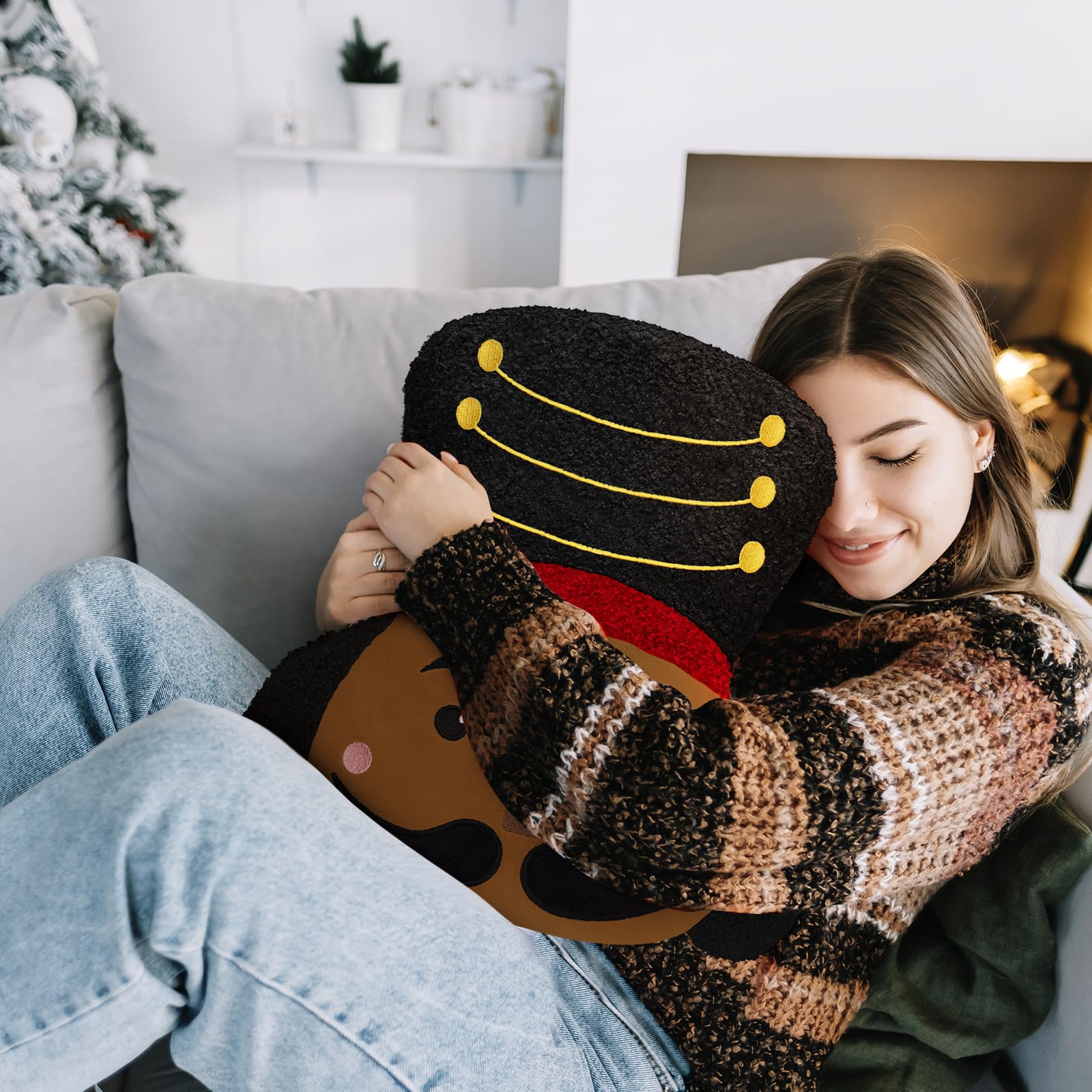 Nutcracker Christmas Throw Pillow Christmas Nutcracker Shaped Decoration Decorative Cushion 14.5‘' x 13‘' Faux Rabbit Fur Embroidered Pillow Xmas Gift for Home Sofa Chair Bed(African American)