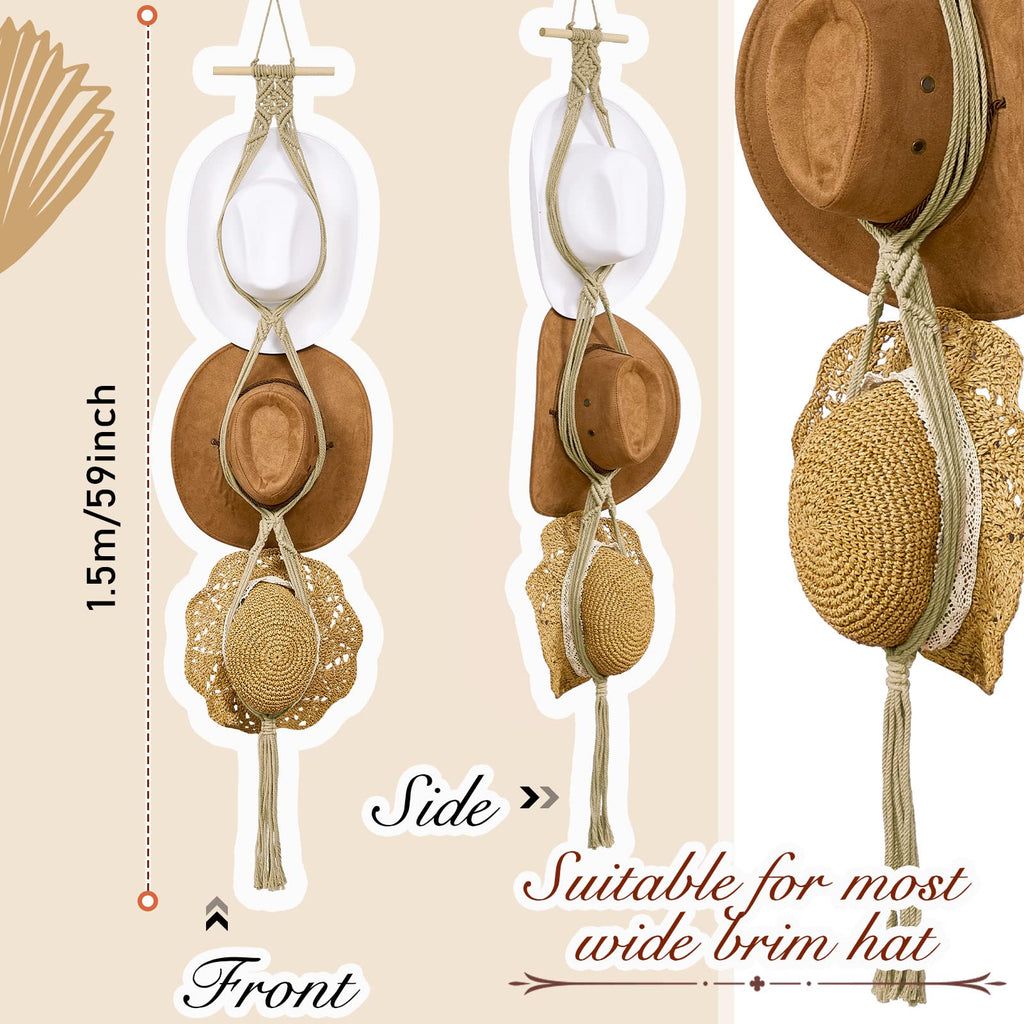 Yulejo Macrame Hat Hangers Boho Hat Rack for Wall Western Cowboy Hanging Organizer for Door Wall Room Bedroom