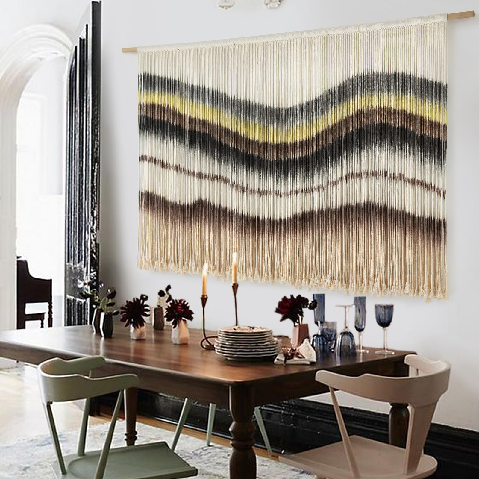 Flber Macrame Wall Hanging Tie-Dye Geometric Decor Large Scale Wall Art Statement Bohemian Yarn Tapestry Home Wall Decor 59''W*35''L