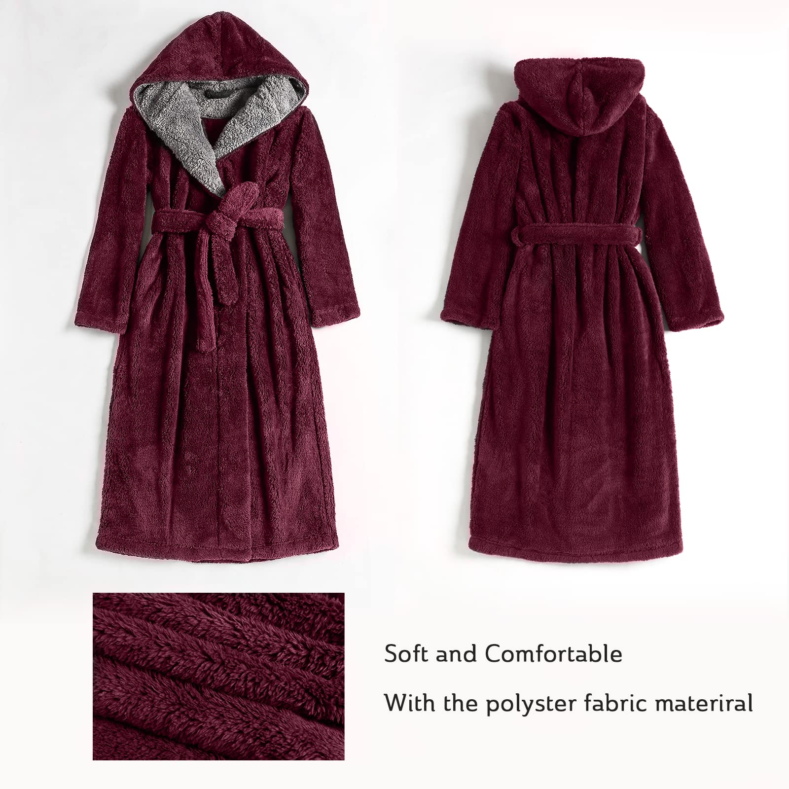 Hellomamma Long Hooded Robe for Women Luxurious Flannel Fleece Full Length Bathrobe Winter Warm Pajamas Shower Nightgown
