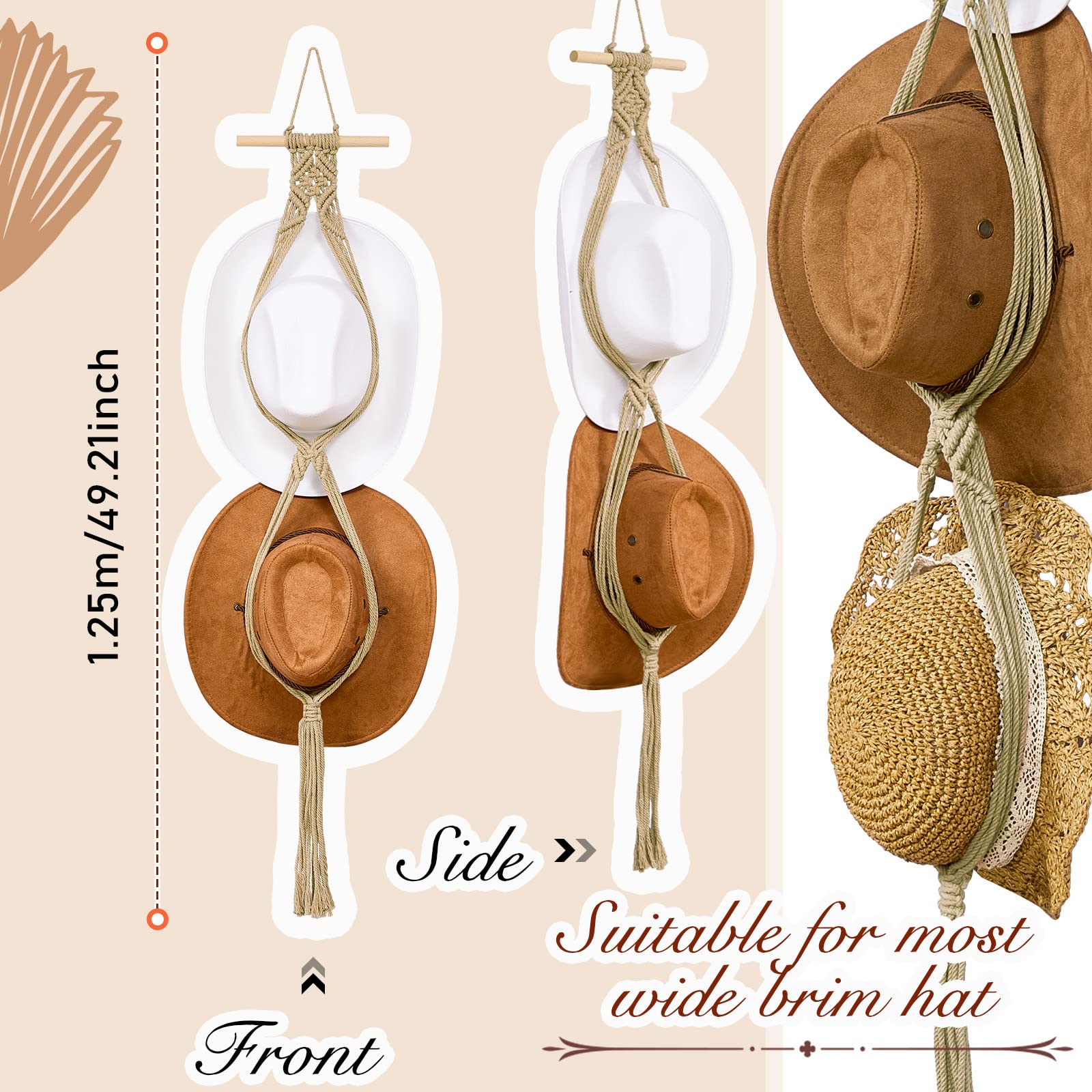 Yulejo Macrame Hat Hangers Boho Hat Rack for Wall Western Cowboy Hanging Organizer for Door Wall Room Bedroom