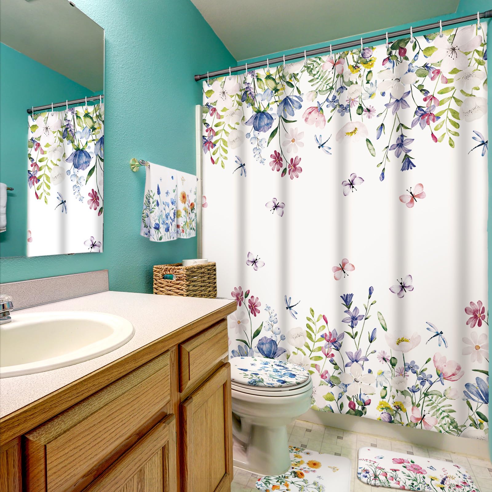 Honoson 8 Pcs Christmas Black Santa Claus Shower Curtain Set with Rugs and Kitchen Towels African American Retro Christmas Bathroom Decor Black Santa Curtain Decorations Xmas Farmhouse Gifts