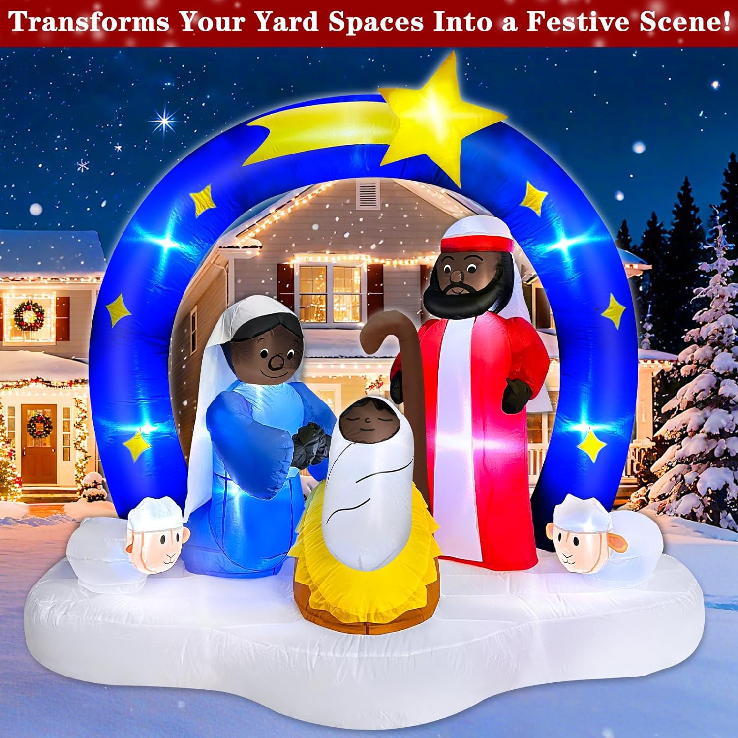 7 FT Long 6 Ft Tall African American Christmas Inflatable Black Nativity Set Built-in LED Lights The Birth of Jesus Scene with Star of Bethlehem Archway Blow up for Yard Garden Xmas Holiday Decor