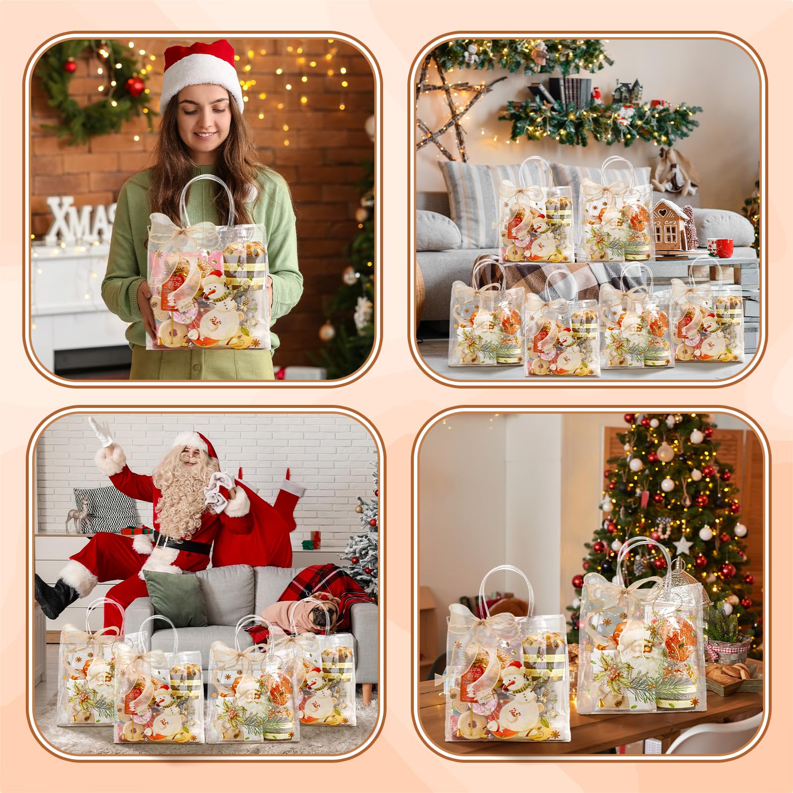 Motipuns 24 Pcs Christmas Clear PVC Gift Bags with Handles and Ribbon African American Black Santa Claus Party Favor Reusable Plastic Candy Treat Tote Bags for Merry New year Xmas Birthday Supplies