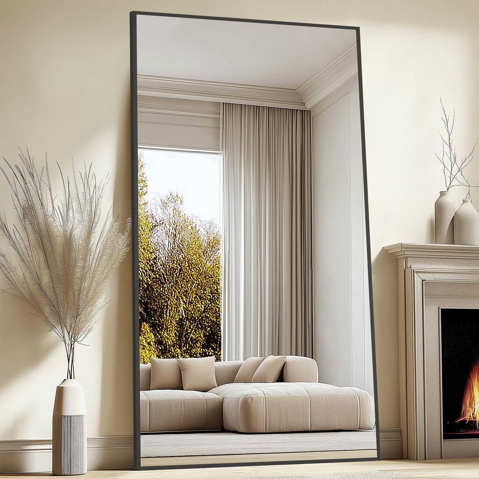 Oversized Floor Mirror Full Length with Stand, 72"X44" Extra Large Arch Standing Mirror Full Length, Tempered Glass Black Full Body Mirror for Bedroom Living Room, Aluminum Alloy Frame