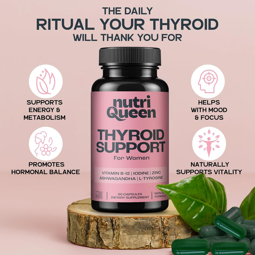 Thyroid Support for Women, Female Vitamin Supplement with Ashwagandha, Zinc, Kelp & Iodine, Women's Health Supplements for Energy & Hormone Balance, Contains Vitamins B-12-60 Capsules