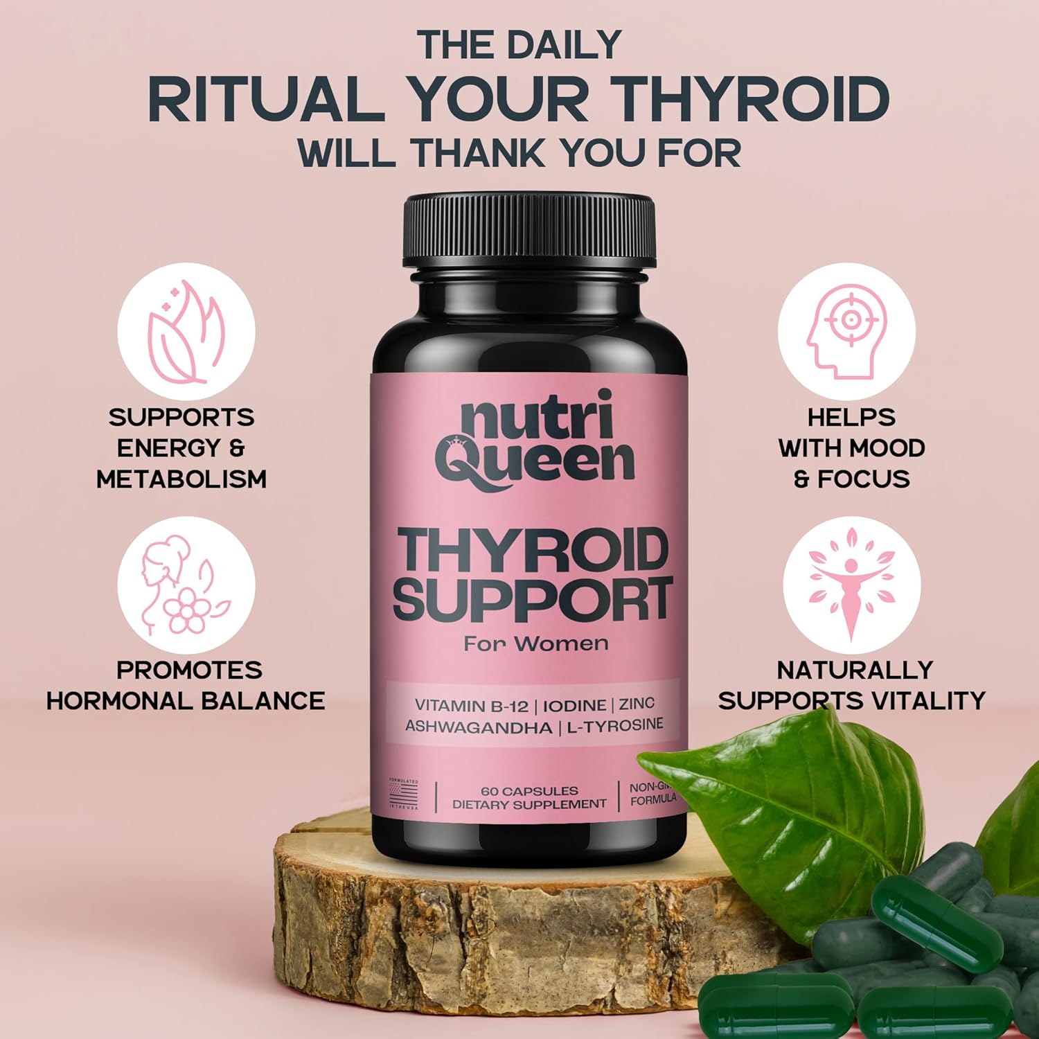 Thyroid Support for Women, Female Vitamin Supplement with Ashwagandha, Zinc, Kelp & Iodine, Women's Health Supplements for Energy & Hormone Balance, Contains Vitamins B-12-60 Capsules