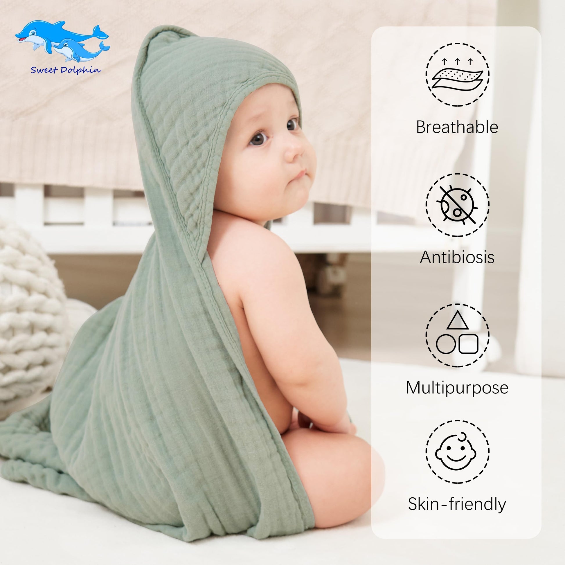 SWEET DOLPHIN Muslin Hooded Baby Bath Towels - 2 Pack 100% Cotton Towel for Babies, Infants, Toddlers - 32x32Inch - Highly Absorbent and Newborn Essential, Light Bean Paste