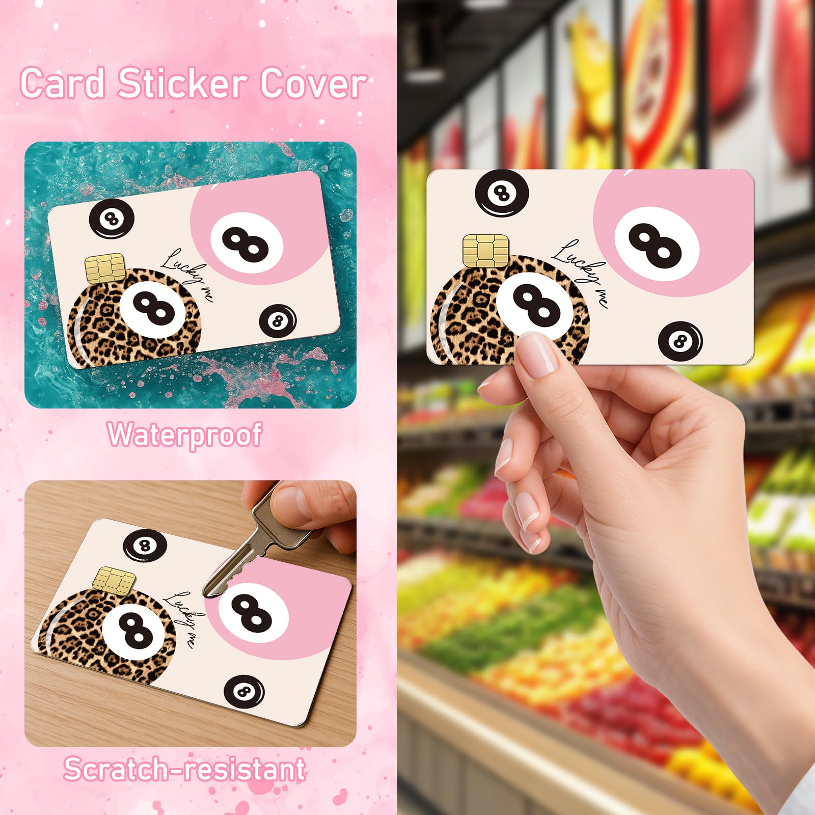Coquete Leopard Credit Card Skin - 4 Pcs Cherry Bow 8 Ball Billiards Debit Skin Stickers Leopard Lip Print Credit Decal Cover Set for Transportation Key Debit Bus Cards Women