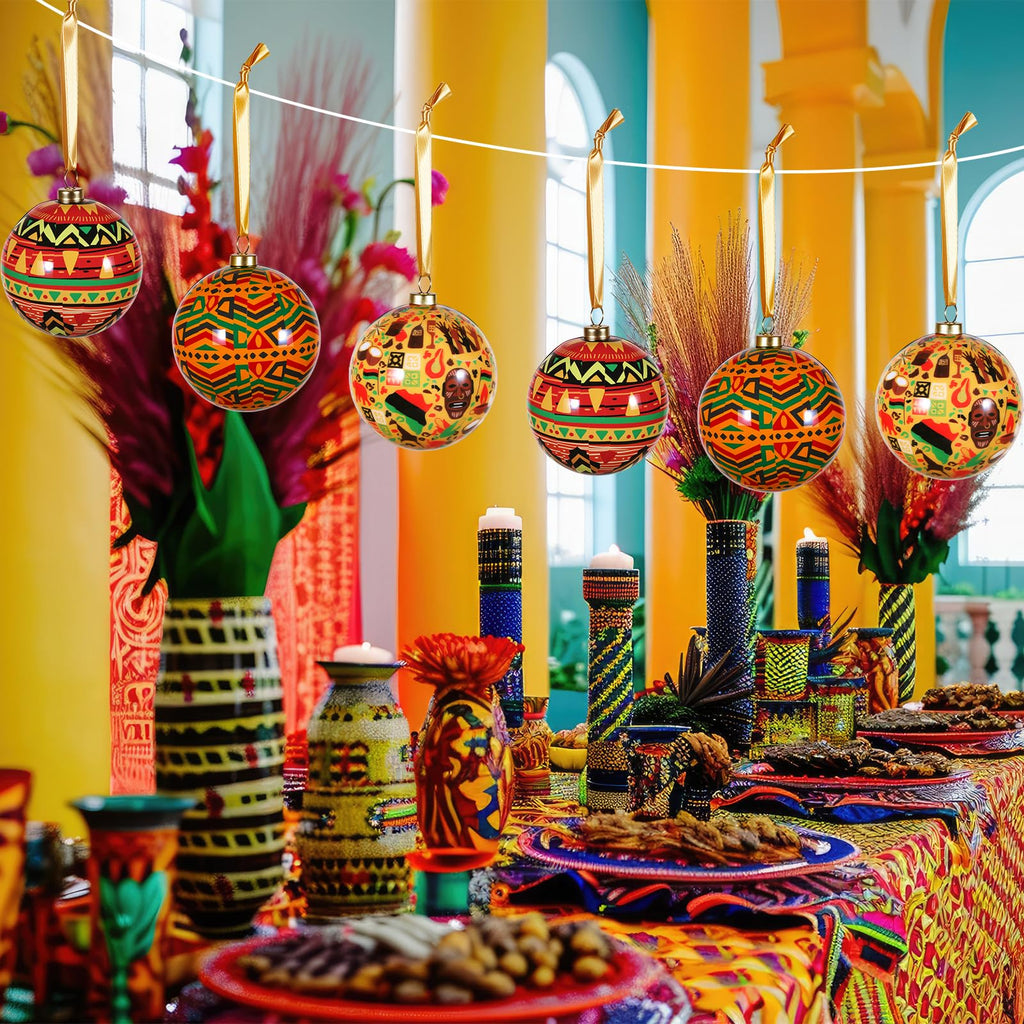 18 Pack Kente African Black Christmas Tree Balls Ornaments 2.76in Hanging Kwanzaa Ball Decorations Set Traditional African Print for Christmas Tree Kwanzaa Decor