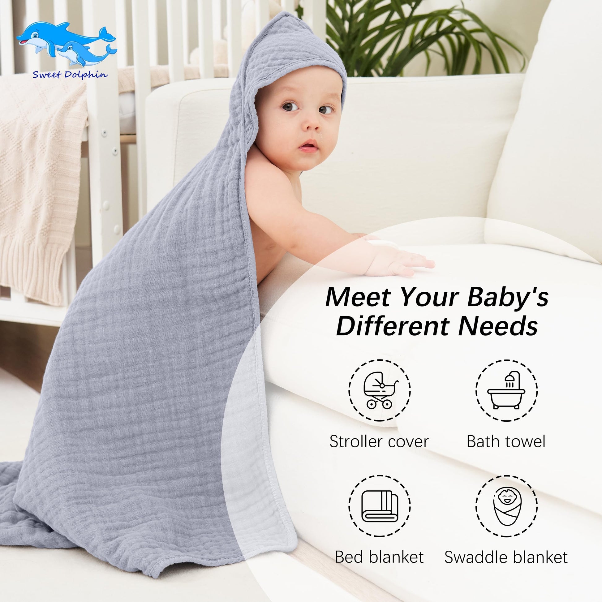 SWEET DOLPHIN Muslin Hooded Baby Bath Towels - 2 Pack 100% Cotton Towel for Babies, Infants, Toddlers - 32x32Inch - Highly Absorbent and Newborn Essential, Light Bean Paste