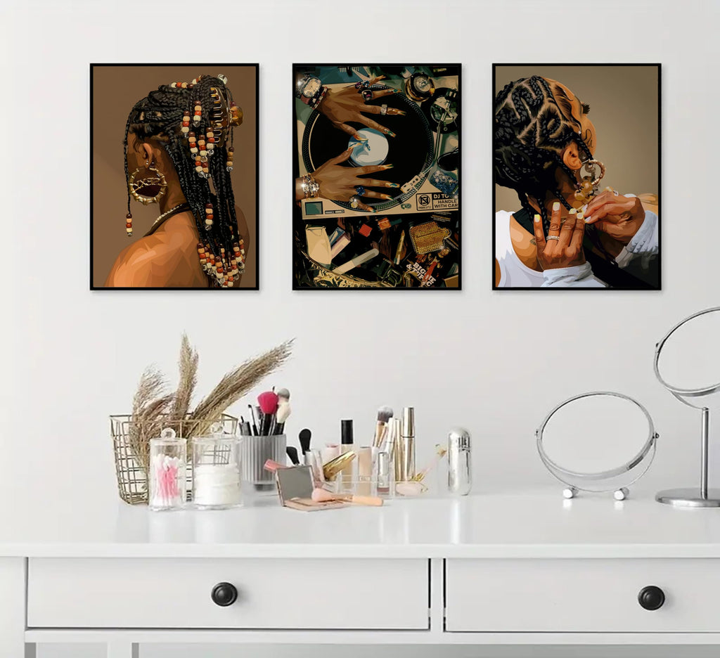 3Pcs Black Woman Canvas Wall art Boho Fashion Black Girl Painting Picture Wall Decor Abstract African American Poster Print Artwork for Living Room Bedroom Office Home Decoration,16x24in Canvas