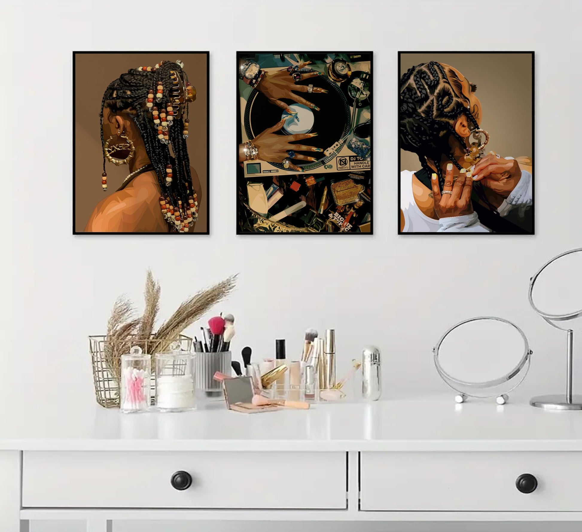 3Pcs Black Woman Canvas Wall art Boho Fashion Black Girl Painting Picture Wall Decor Abstract African American Poster Print Artwork for Living Room Bedroom Office Home Decoration,16x24in Canvas