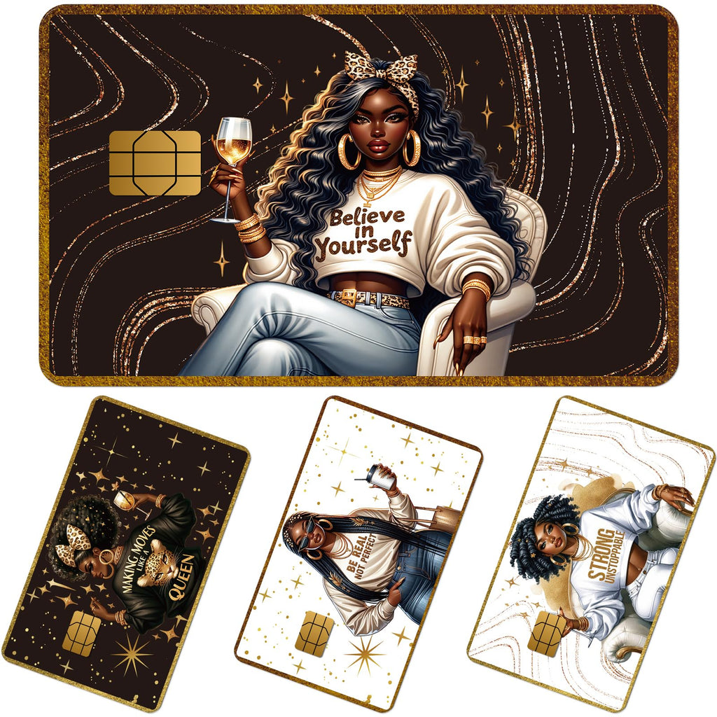 Credit Card Skin Stickers - 4 Pcs Black Women Debit Card Skin Stickers Cover Set, Affirmative Inspirational Black Girl Waterproof Removable Decals for DIY Transportation Cards