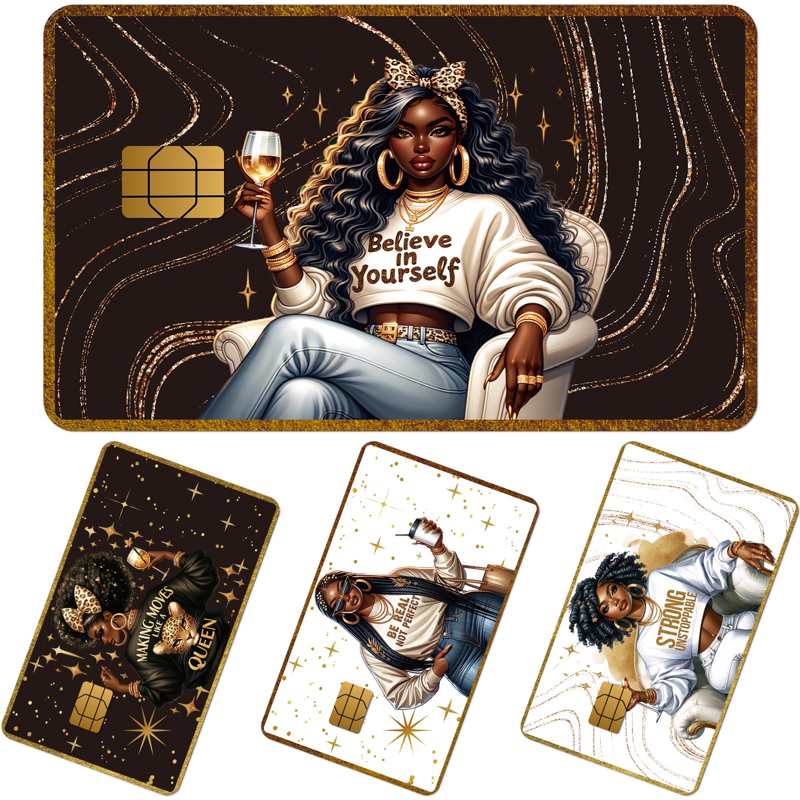 Credit Card Skin Stickers - 4 Pcs Black Women Debit Card Skin Stickers Cover Set, Affirmative Inspirational Black Girl Waterproof Removable Decals for DIY Transportation Cards