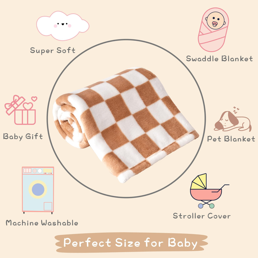 Yurhap Checkered Baby Blanket Fleece Baby Blankets Neutral for Boys Girls, Super Soft Warm Lightweight Infant Toddler Newborn Receiving Blankets for Crib Stroller, 30''x40'', Khaki