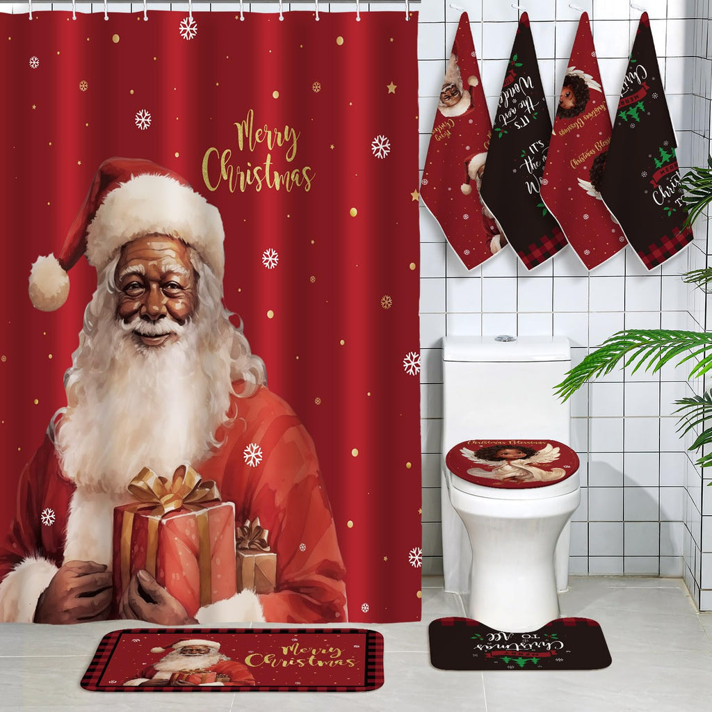 Honoson 8 Pcs Christmas Black Santa Claus Shower Curtain Set with Rugs and Kitchen Towels African American Retro Christmas Bathroom Decor Black Santa Curtain Decorations Xmas Farmhouse Gifts