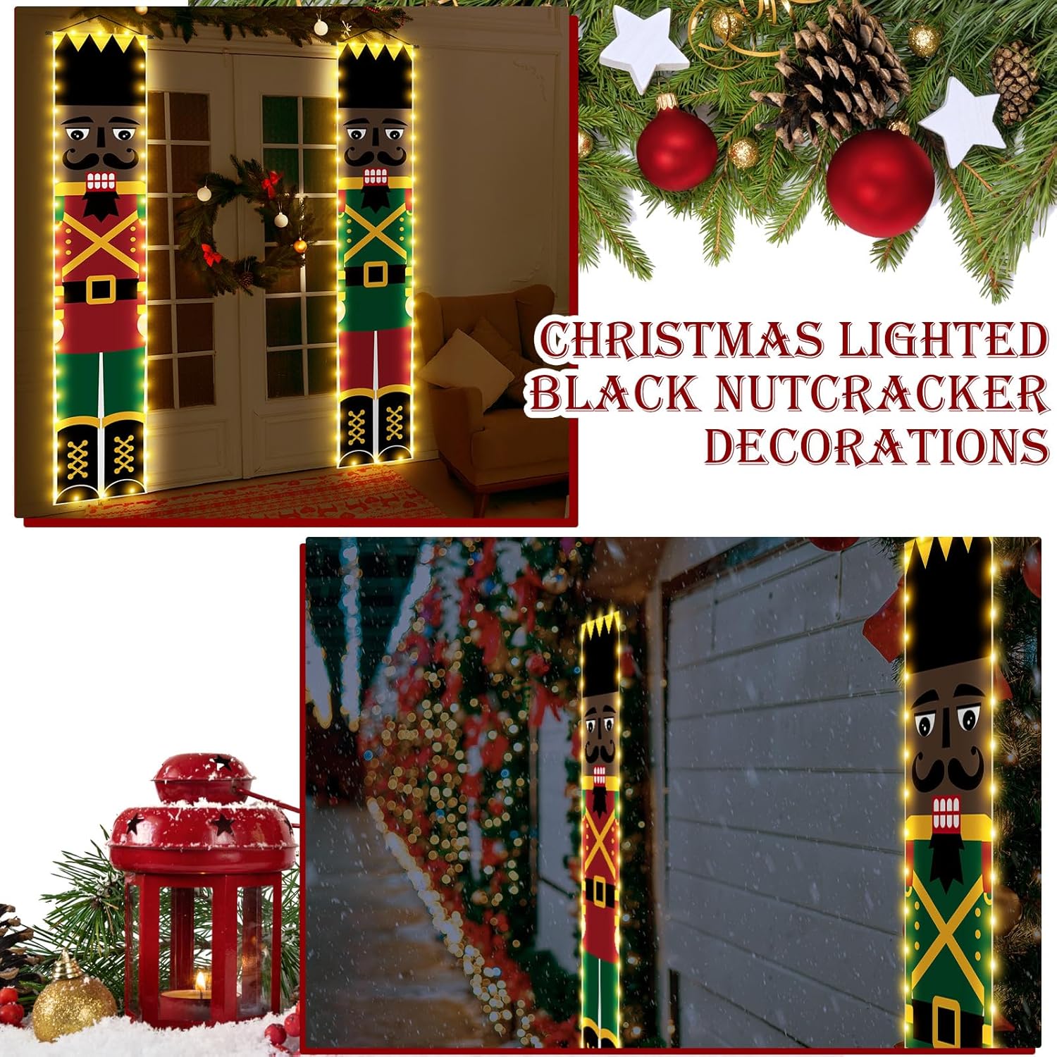 2 Pcs LED Black Soldier Christmas Decorations Outdoor African American Door Banners Tall Soldier Banners Xmas Decor for Home Front Porch Garden Yard Holiday Party