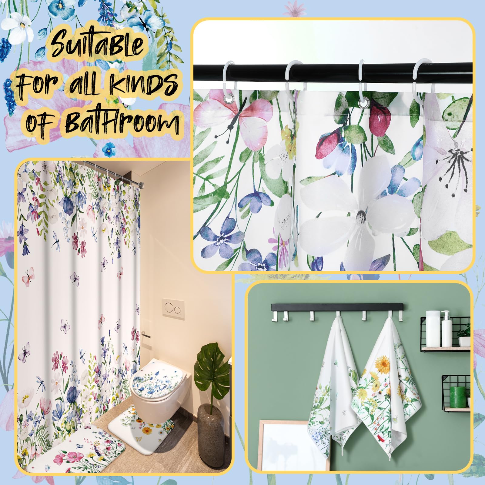 Honoson 8 Pcs Christmas Black Santa Claus Shower Curtain Set with Rugs and Kitchen Towels African American Retro Christmas Bathroom Decor Black Santa Curtain Decorations Xmas Farmhouse Gifts