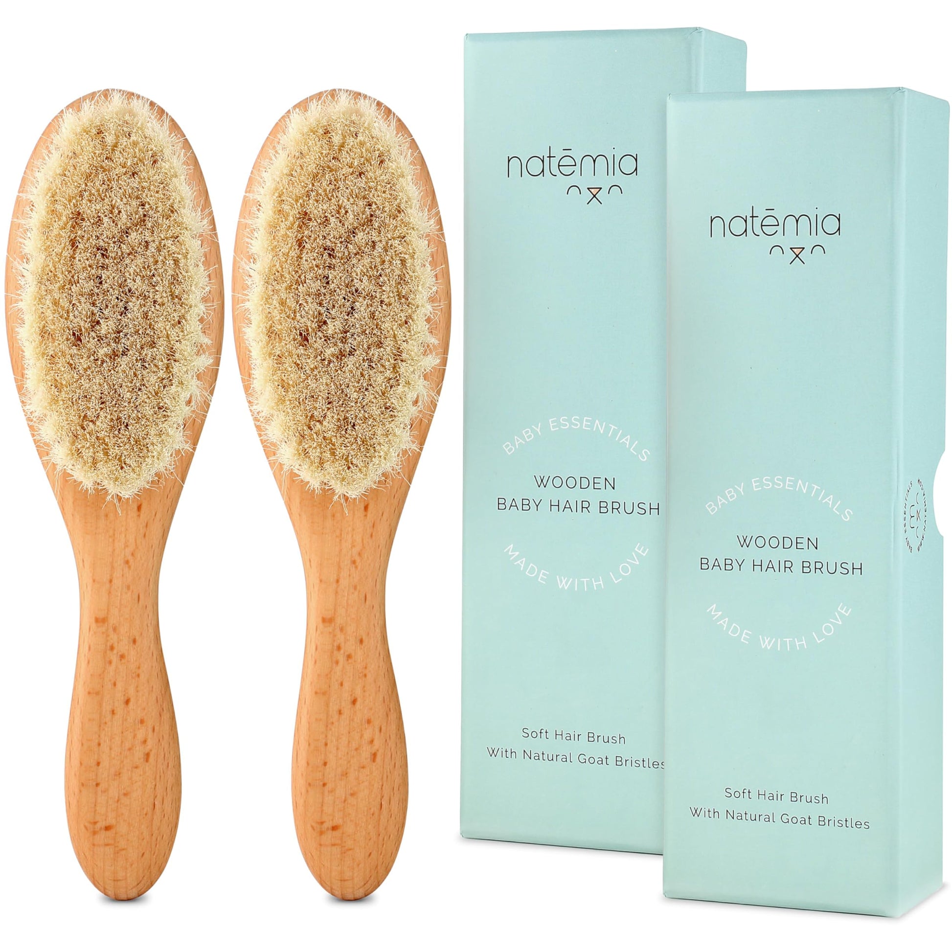 Natemia Wooden Baby Hair Brush & Comb Set - Pack of 3, Oval - Natural Goat Hair Bristles & Soft Bristle Brush - Gentle Scalp Massage & Cradle Cap Comb - For Newborns & Toddlers, Baby Grooming Kit