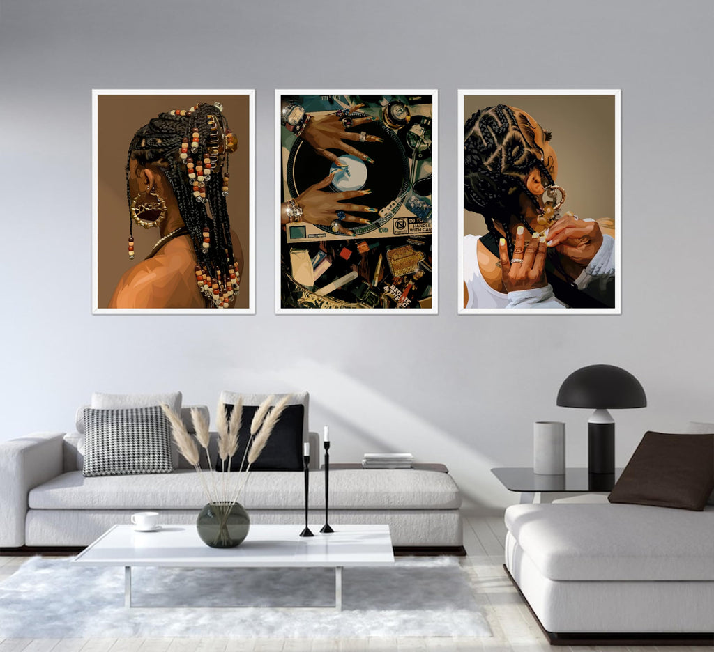 3Pcs Black Woman Canvas Wall art Boho Fashion Black Girl Painting Picture Wall Decor Abstract African American Poster Print Artwork for Living Room Bedroom Office Home Decoration,16x24in Canvas