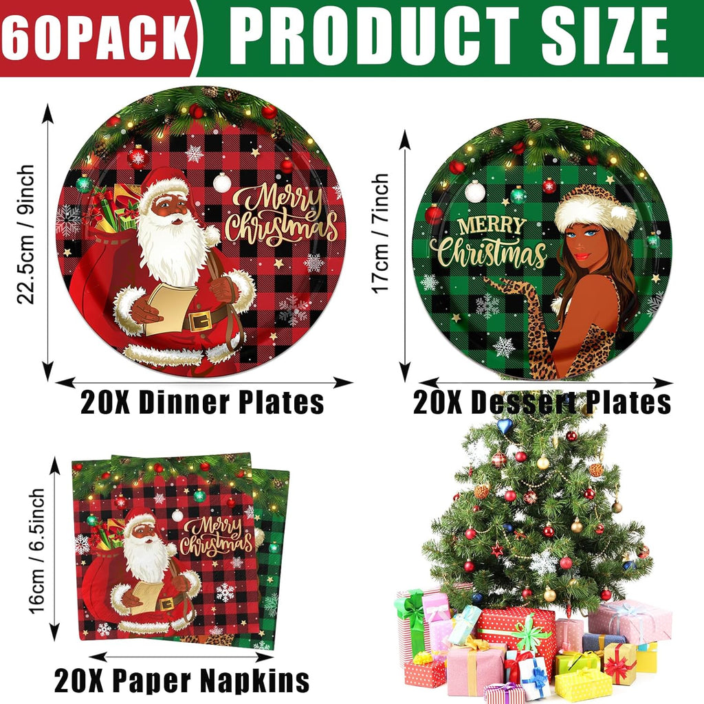 GREHUMOR African American Christmas Decorations 60Pcs Black Santa Claus Plates and Napkins Black Santa Party Tableware Set Santa Disposable Plates Merry Christmas Party Supplies Serves 20