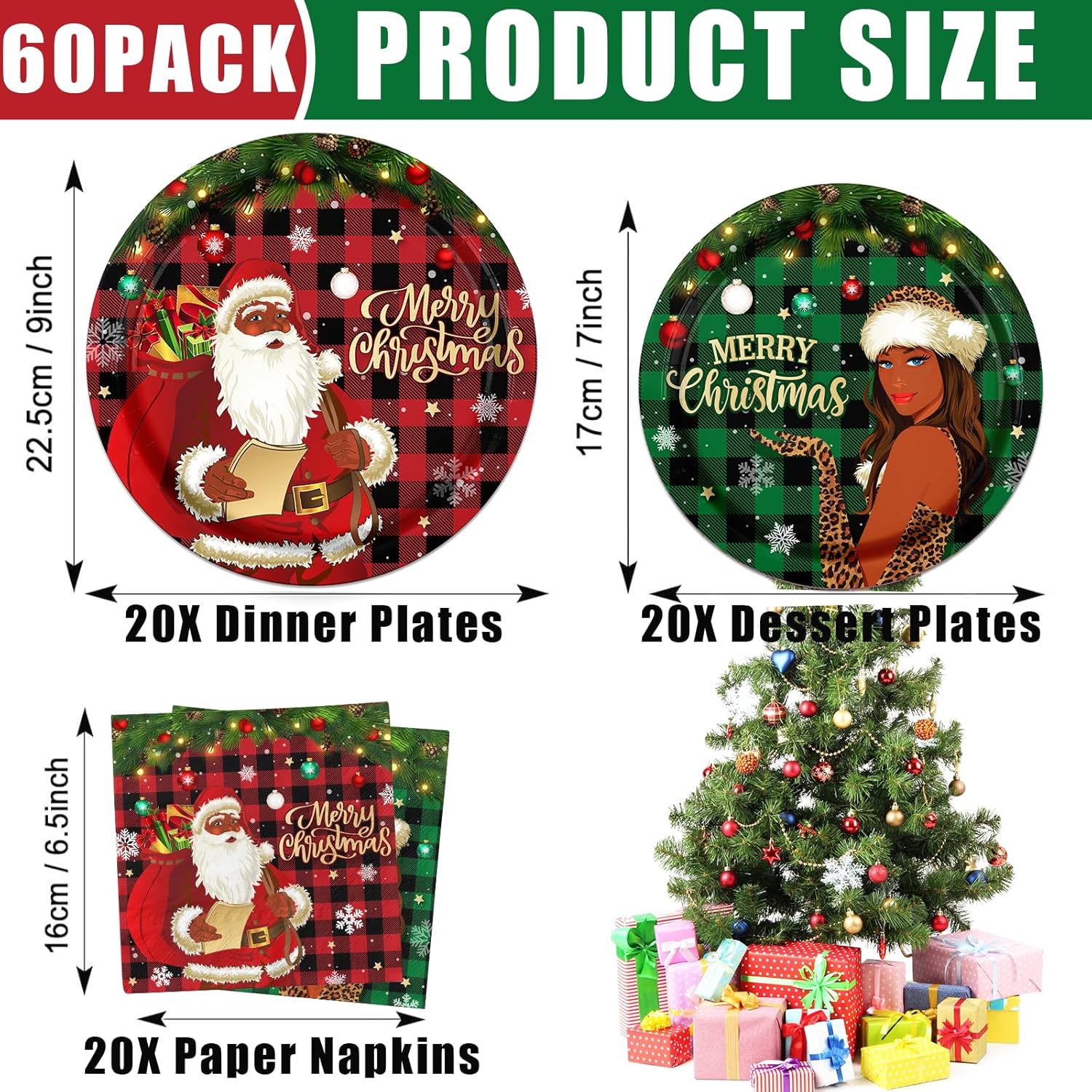 GREHUMOR African American Christmas Decorations 60Pcs Black Santa Claus Plates and Napkins Black Santa Party Tableware Set Santa Disposable Plates Merry Christmas Party Supplies Serves 20