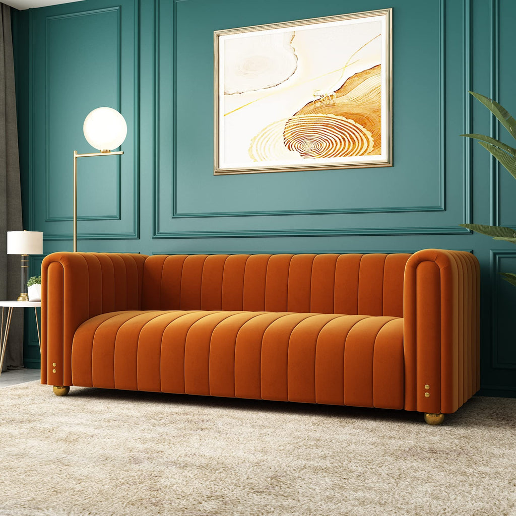 81" W Tufted Velvet Couch,Modern Velvet Sofa with Round Handrails and Metal Legs for Living Room,Office,Apartment (1, Pink)