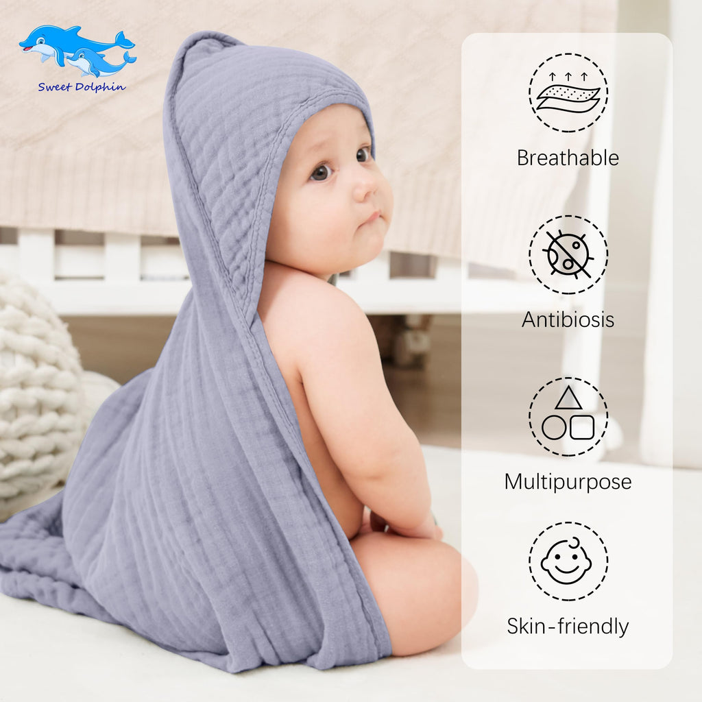 SWEET DOLPHIN Muslin Hooded Baby Bath Towels - 2 Pack 100% Cotton Towel for Babies, Infants, Toddlers - 32x32Inch - Highly Absorbent and Newborn Essential, Light Bean Paste