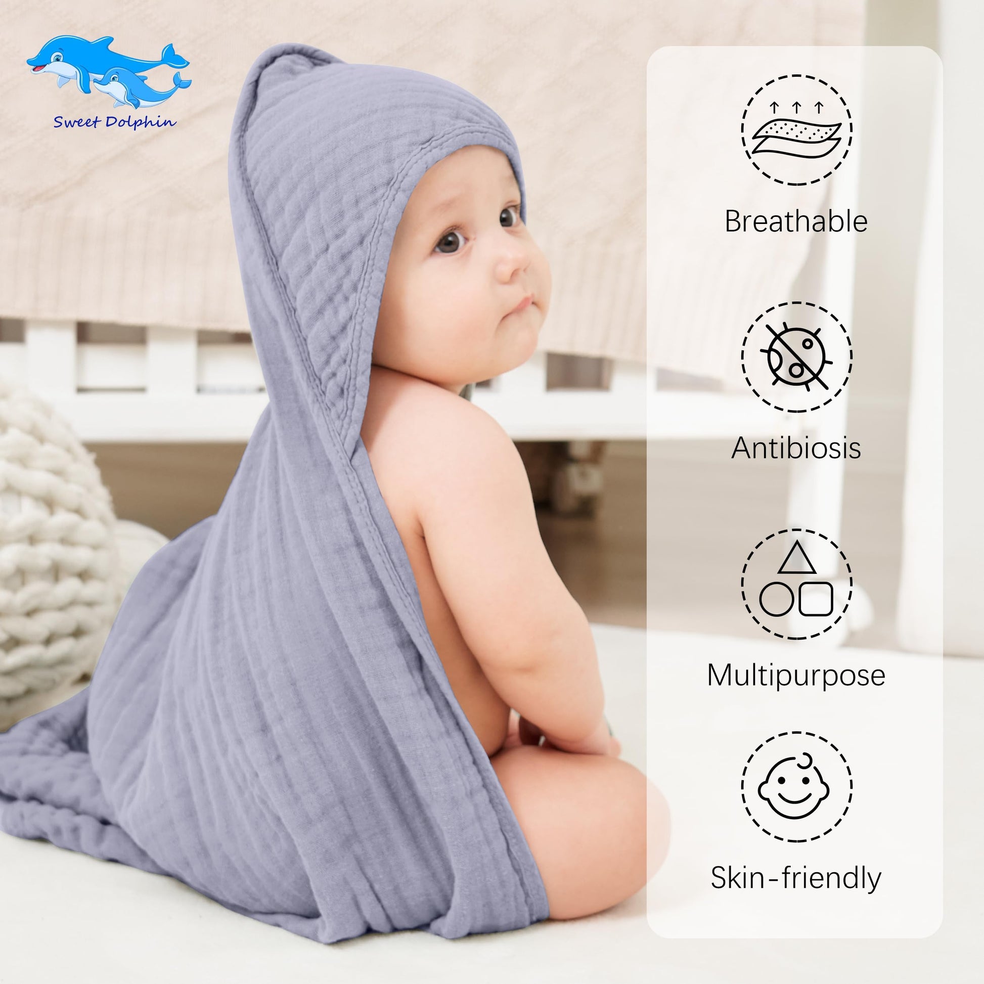 SWEET DOLPHIN Muslin Hooded Baby Bath Towels - 2 Pack 100% Cotton Towel for Babies, Infants, Toddlers - 32x32Inch - Highly Absorbent and Newborn Essential, Light Bean Paste