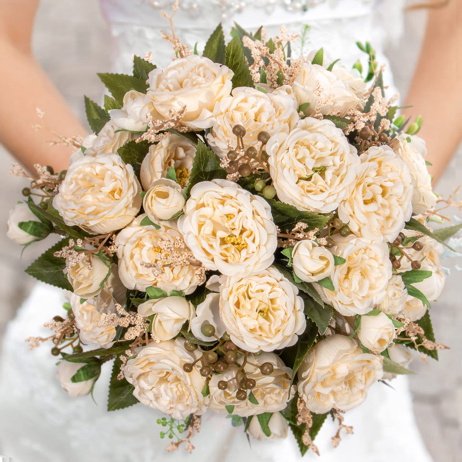 4 Bundles Artificial Peonies Silk Flowers, White Faux Peony Bouquet Florals Arrangements Decor for Farmhouse Home Boho Wedding Table Centerpiece, Fake Plastic Flowers Bulk Vase Decoration (White)