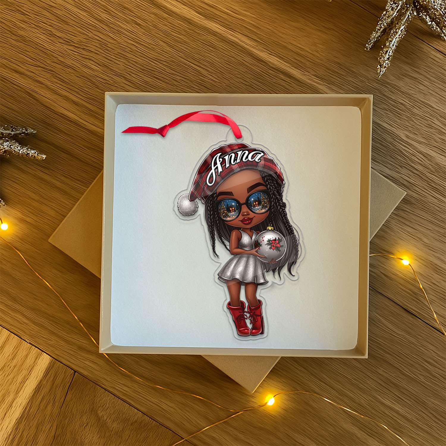 2D Acrylic Christmas Elf Shaped Ornament with Gift Box, Personalized Name Holiday Keepsake, Cute Ornament for Kids Room, Custom Name African-Inspired Decoration, Gifts for Boys