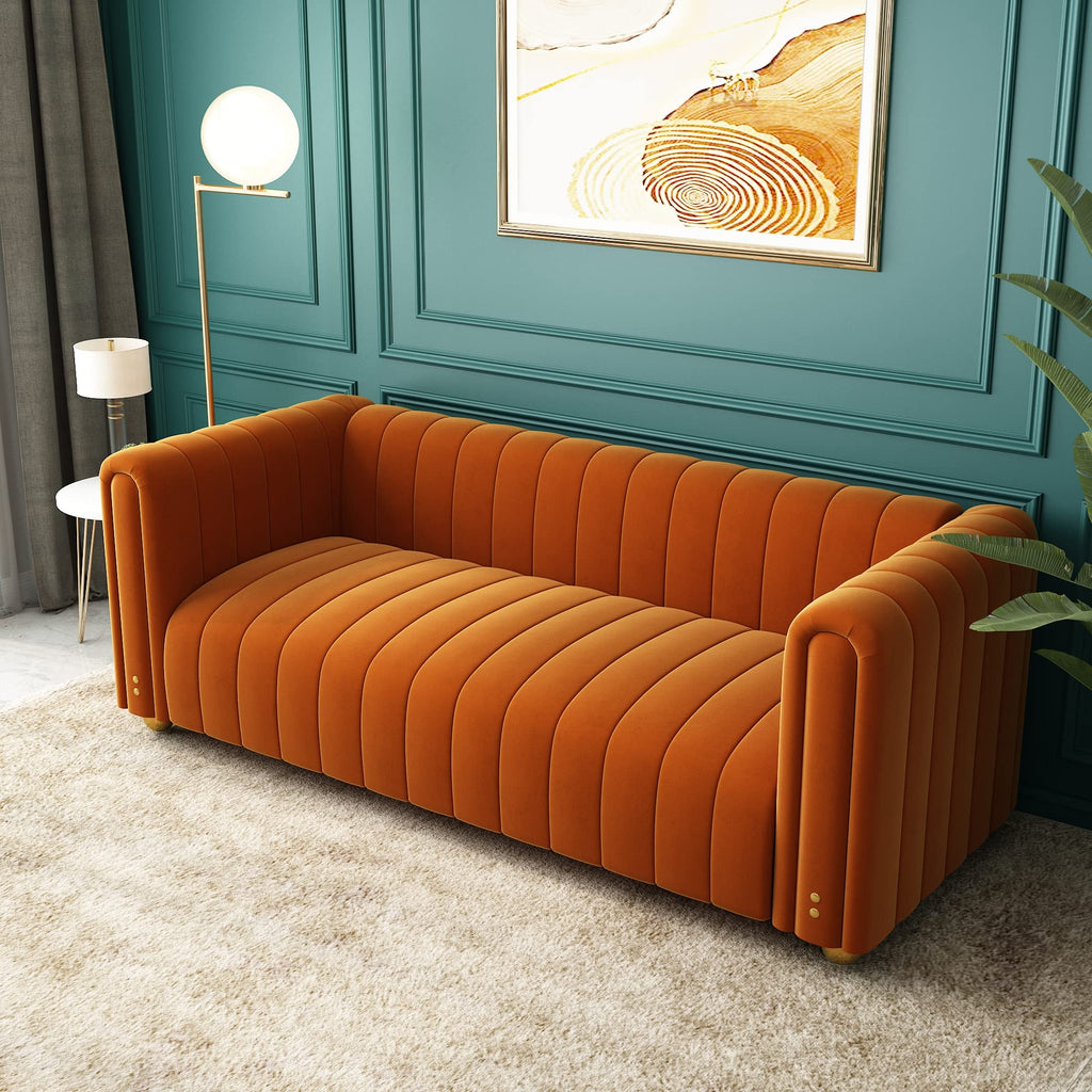 81" W Tufted Velvet Couch,Modern Velvet Sofa with Round Handrails and Metal Legs for Living Room,Office,Apartment (1, Pink)