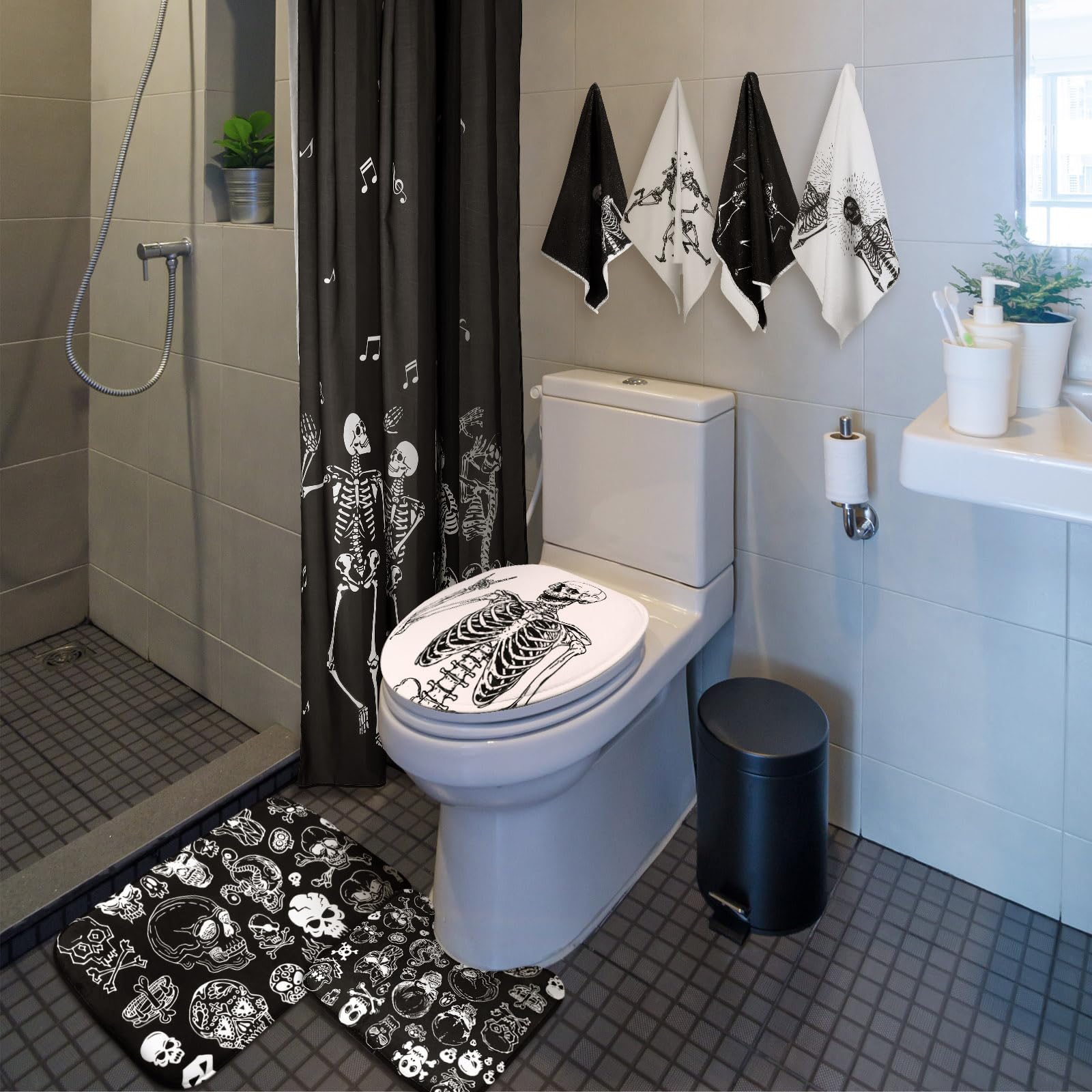 Honoson 8 Pcs Christmas Black Santa Claus Shower Curtain Set with Rugs and Kitchen Towels African American Retro Christmas Bathroom Decor Black Santa Curtain Decorations Xmas Farmhouse Gifts