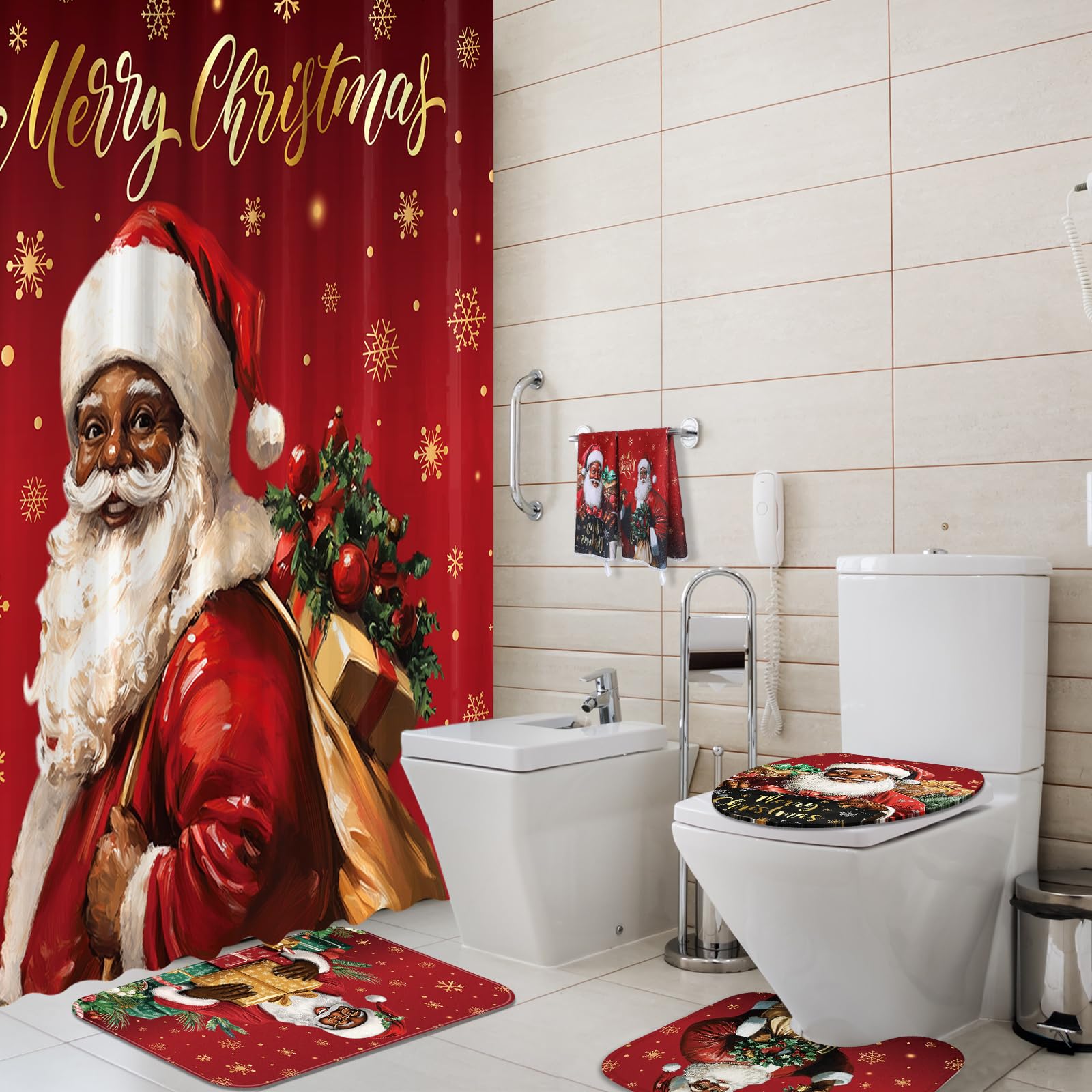 Honoson 8 Pcs Christmas Black Santa Claus Shower Curtain Set with Rugs and Kitchen Towels African American Retro Christmas Bathroom Decor Black Santa Curtain Decorations Xmas Farmhouse Gifts