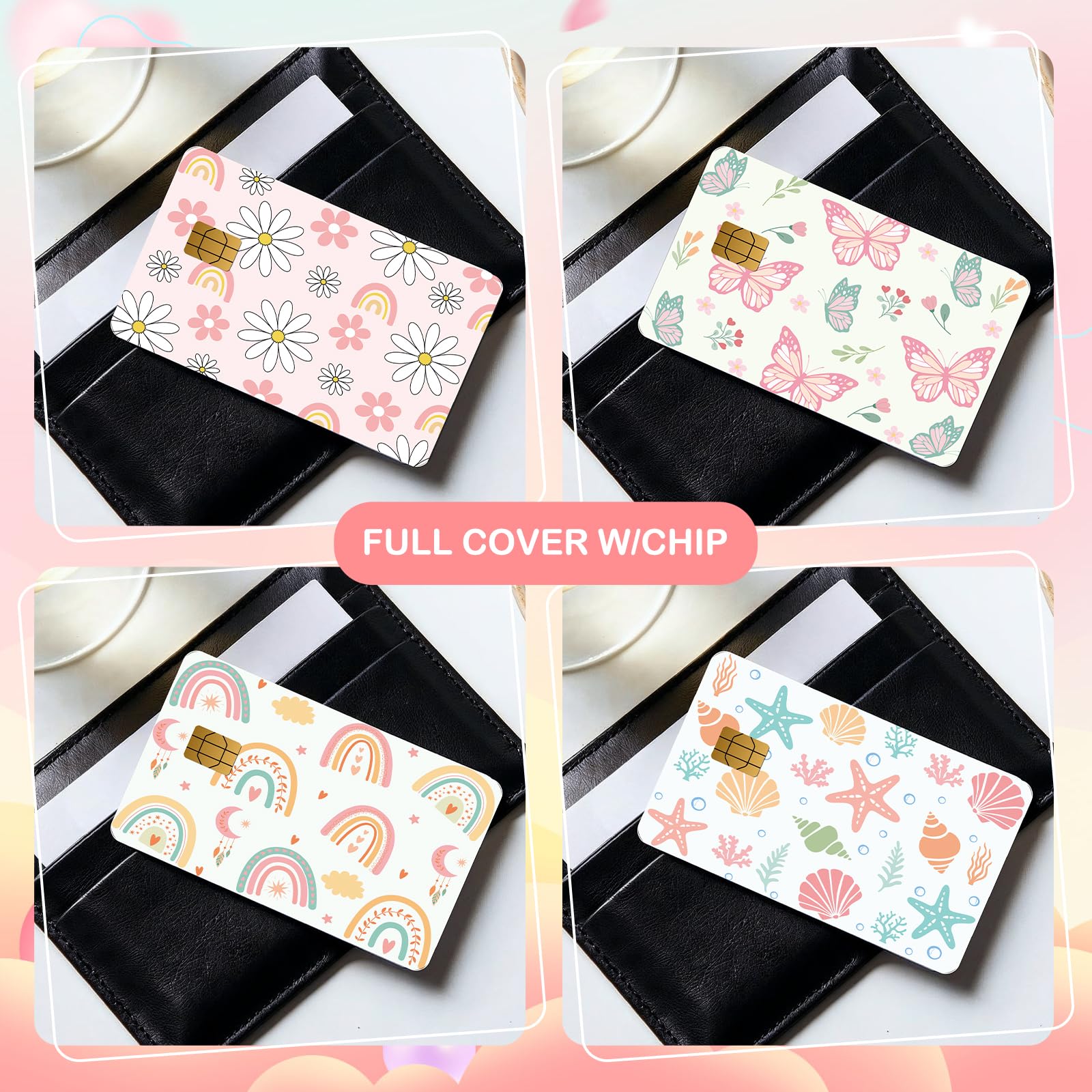 Credit Card Skin Stickers - 4 Pcs Pink Strawberry Debit Card Skin Stickers, Cute Berry Bow Daisy Removable Waterproof Decal Cover Set for DIY Key, Transportation