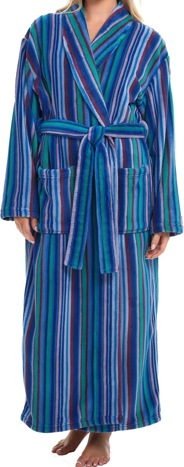 Alexander Del Rossa Plush Striped Robe for Women, Long Fleece Plaid Winter Bath Robe, Plus Size