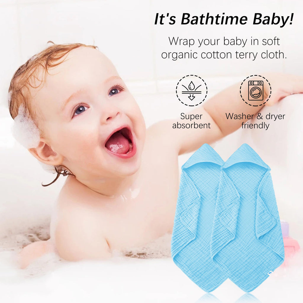 SWEET DOLPHIN Muslin Hooded Baby Bath Towels - 2 Pack 100% Cotton Towel for Babies, Infants, Toddlers - 32x32Inch - Highly Absorbent and Newborn Essential, Light Bean Paste