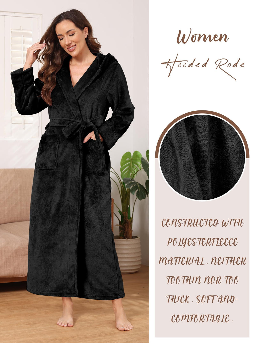 Hellomamma Long Hooded Robe for Women Luxurious Flannel Fleece Full Length Bathrobe Winter Warm Pajamas Shower Nightgown